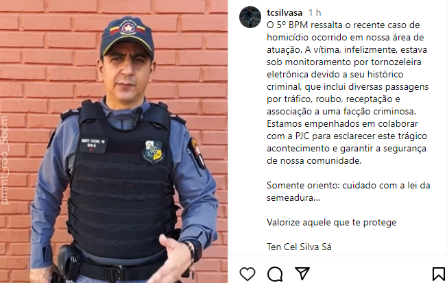 Imagem retirada do vídeo postado no perfil do Ten. Cel. Silva Sá